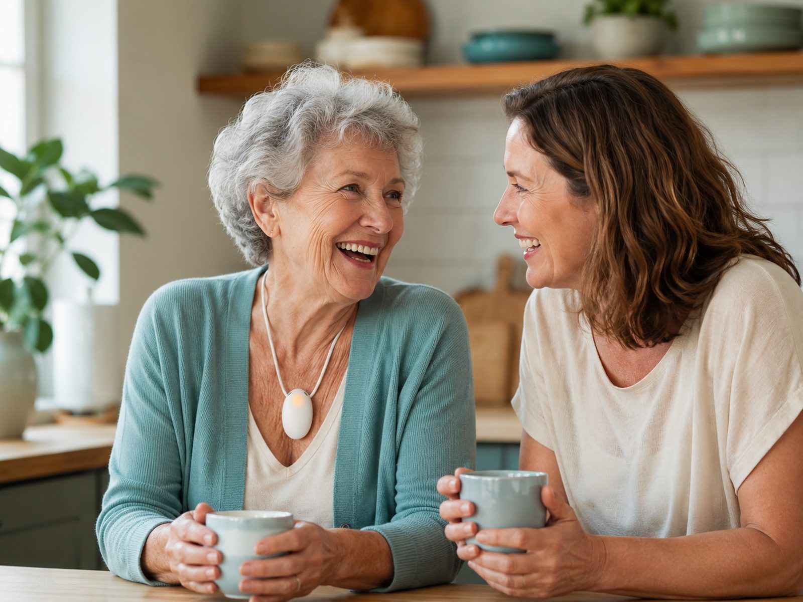An older woman laughing over coffee with her daughter