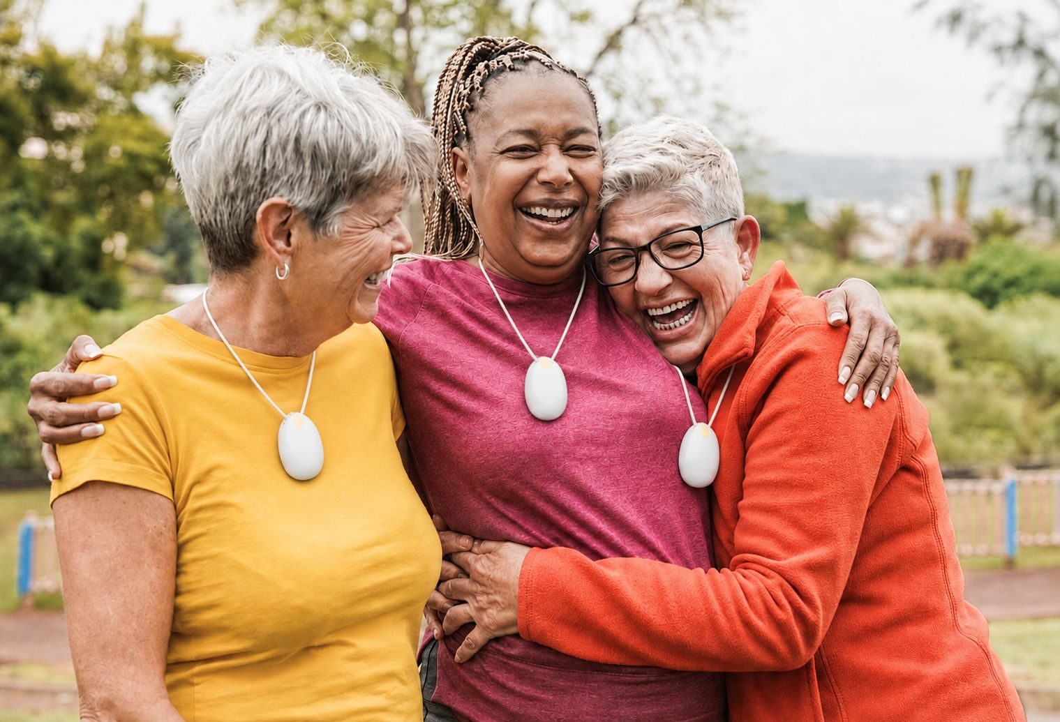 Three friends laughing outdoors, each wearing a small white pendant