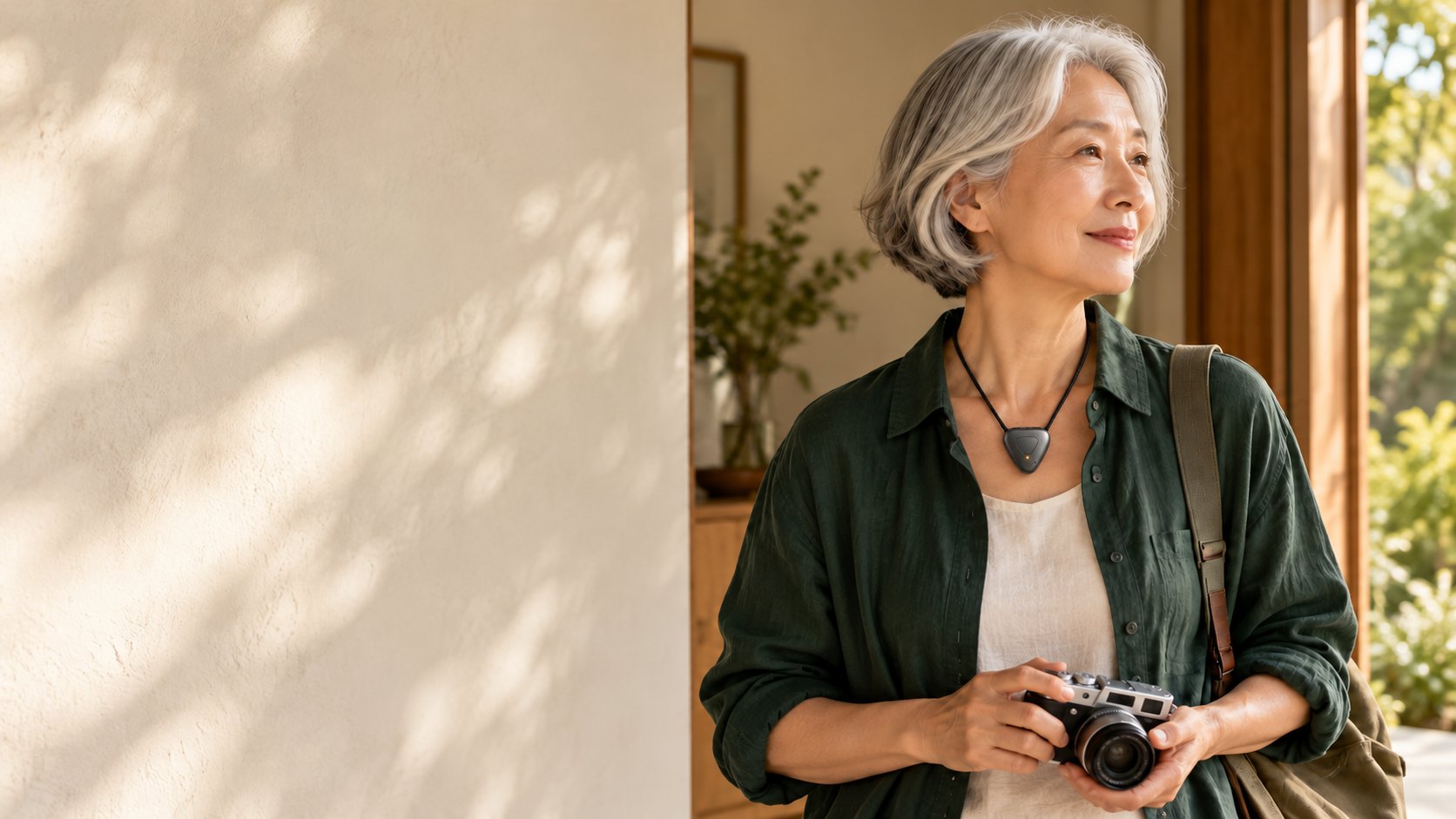 A silver-haired woman wearing the triangular Tombi pendant, ready to go out with her camera