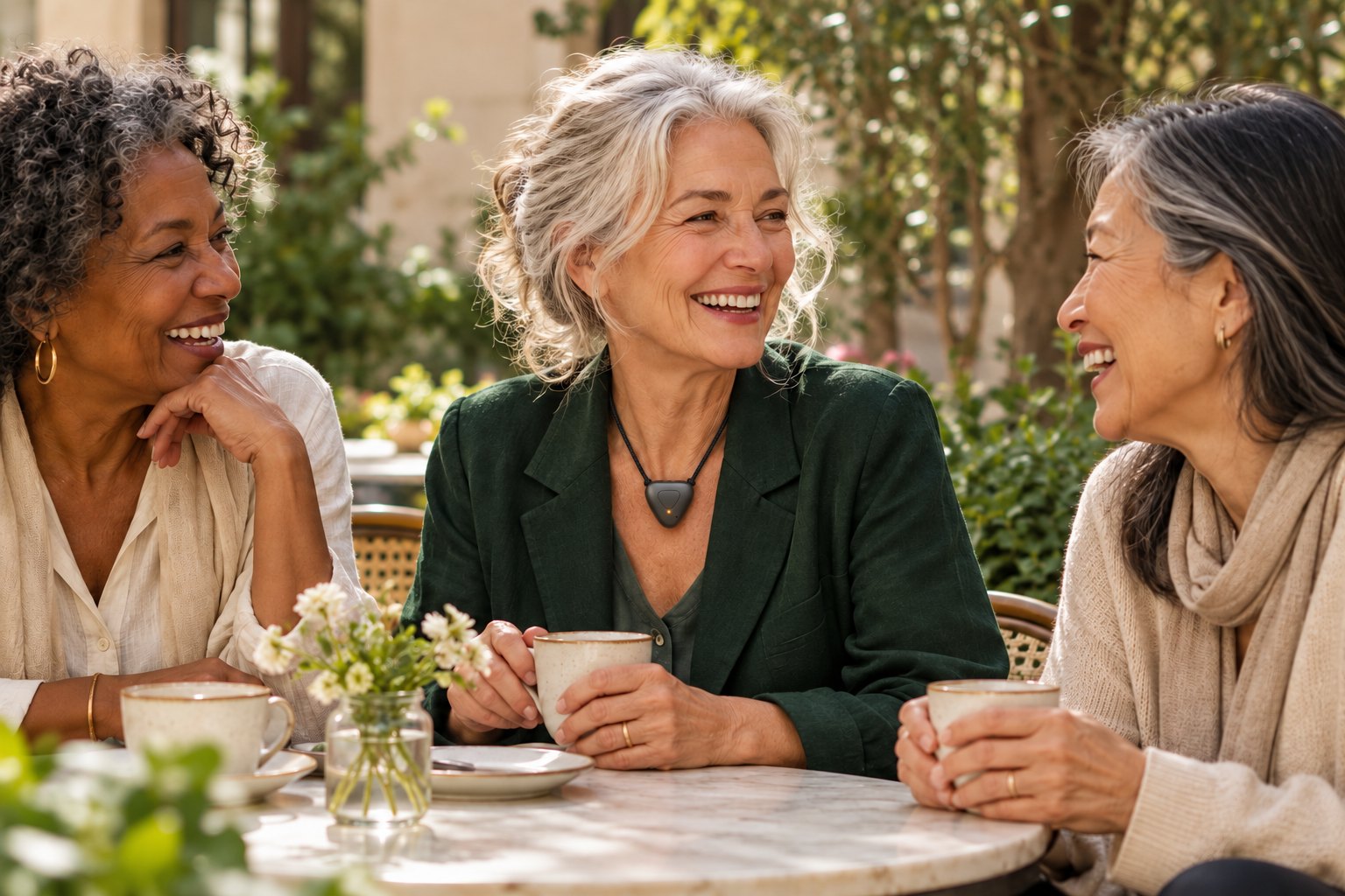 Three friends enjoying a conversation outside a café; one wears Tombi
