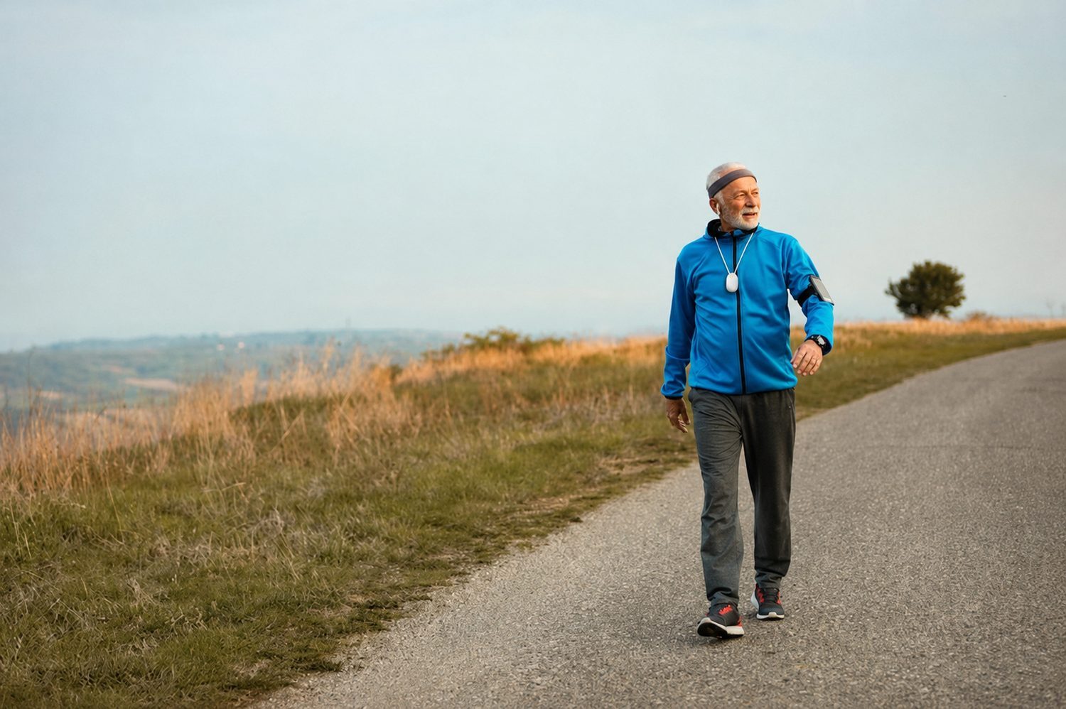 An older man walking alone along a country road